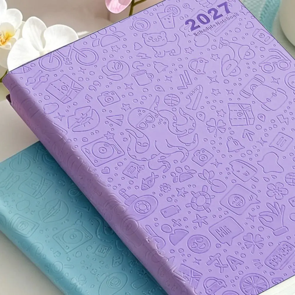 エンボス加工カバー-2027-英語プランナーノートブック-ペンホルダー-マンスリーインデックス-デイリースケジュールブック-ゴムバンド付き-裏地付きページ