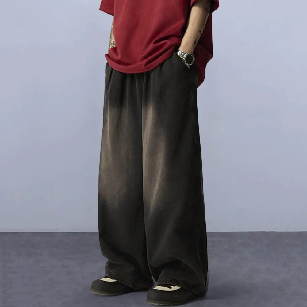 Celana Denim pria Distressed, Jeans kaki lebar gaya jalanan dengan pinggang elastis desain tertekan tirai trendi untuk modis