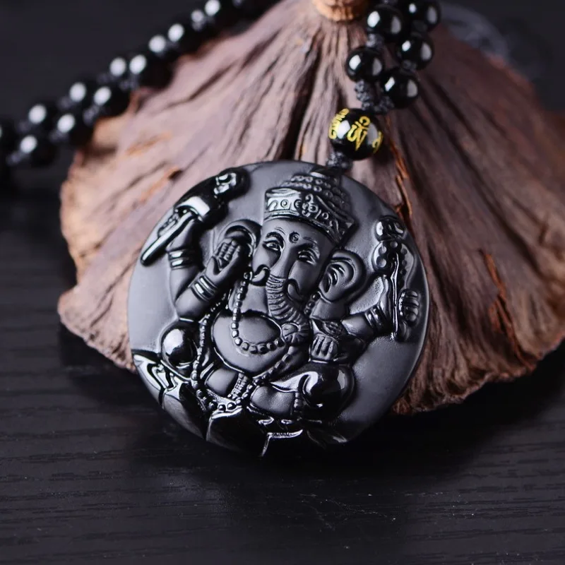 Natural Obsidian Elephant God Buddha, Elephant Head God Pendant, Men's Retro Pendant