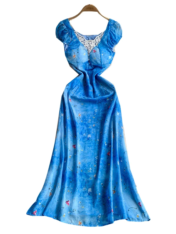 Summer Blue Floral Lace V-ne Bubble Sve Dr Women's Sweet A-line Midi Dr Korean Sle Commute High Waist Bubble Sle...