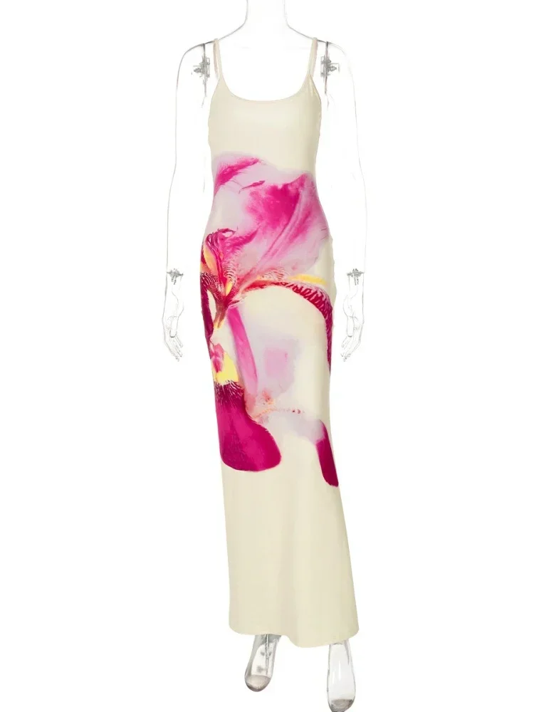 สปาเก็ตตี้สตรีสายคล้องดอกไม้พิมพ์ชุดยาว Holiday Beach ชุดเลดี้แขนกุด Backless Bodycon PARTY Dresses Streetwear