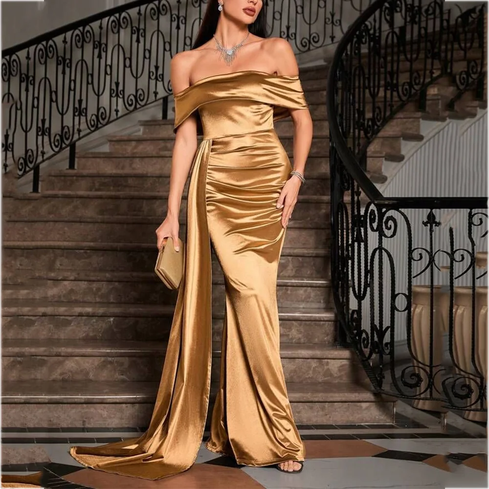 

Атласные вечерние платья в современном стиле с открытыми плечами, платье для выпускного вечера с дрейфом, элегантные плиссированные платья русалки для банкета и гала-вечеринки