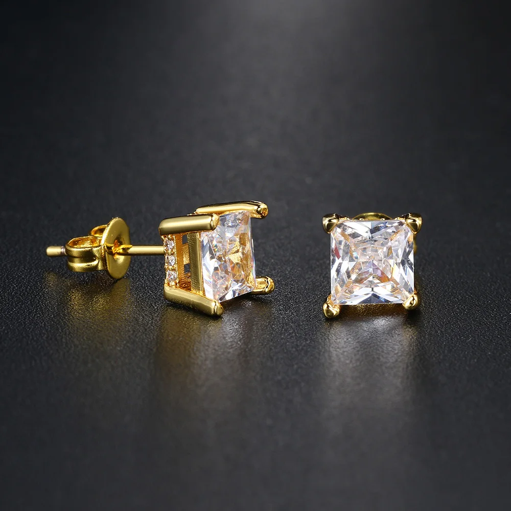 Square Crystal Studs Earrings Men Vintage Simple 4 Claws AAA+ Cubic Zirconia Hiphop Accessories Gold Color Ear Jewelry OHE147