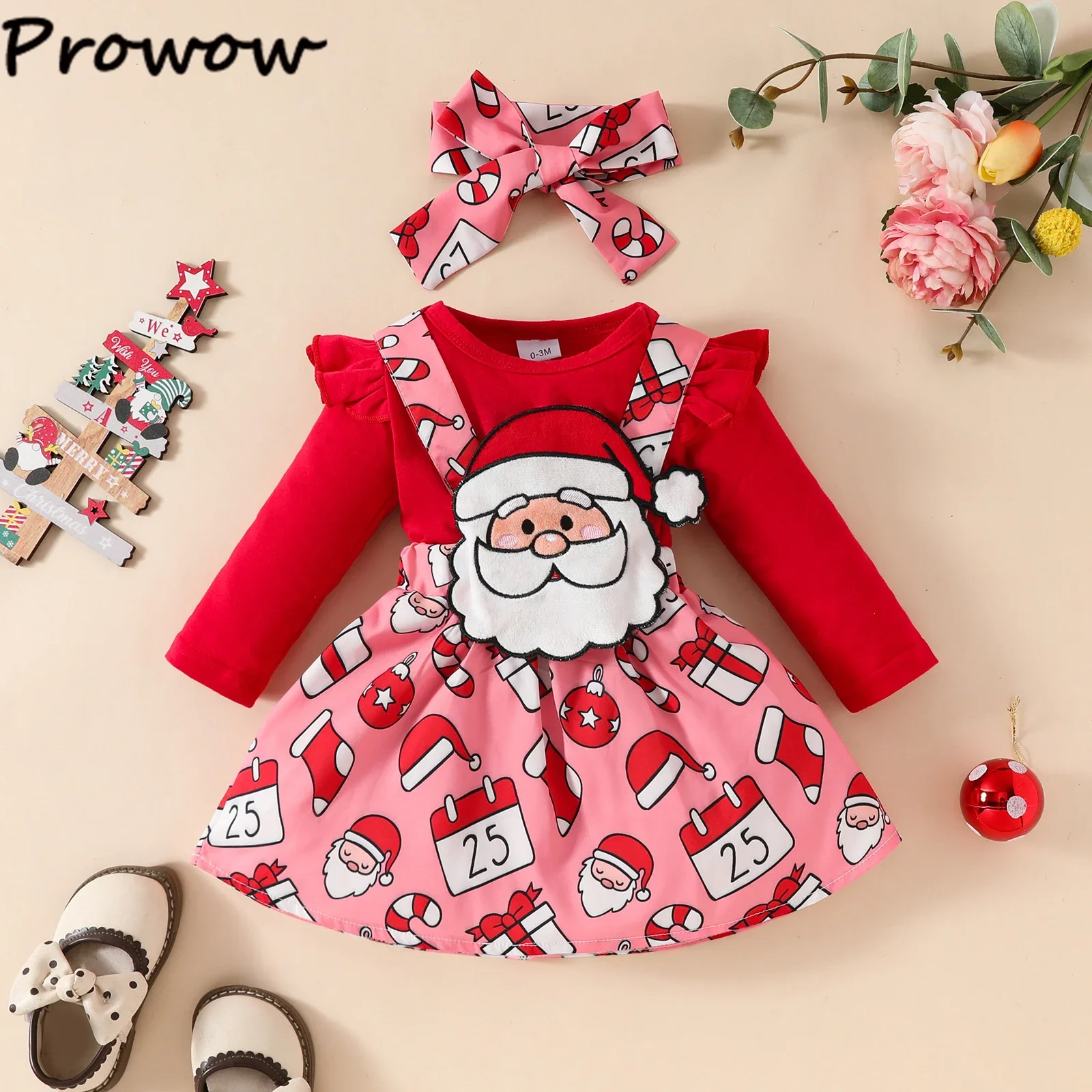 Prowow Baby Girl Christmas Outfits Sets Red Bodysuit Suspender Santa Claus Dress For Girls My First Newborns New Year Costume