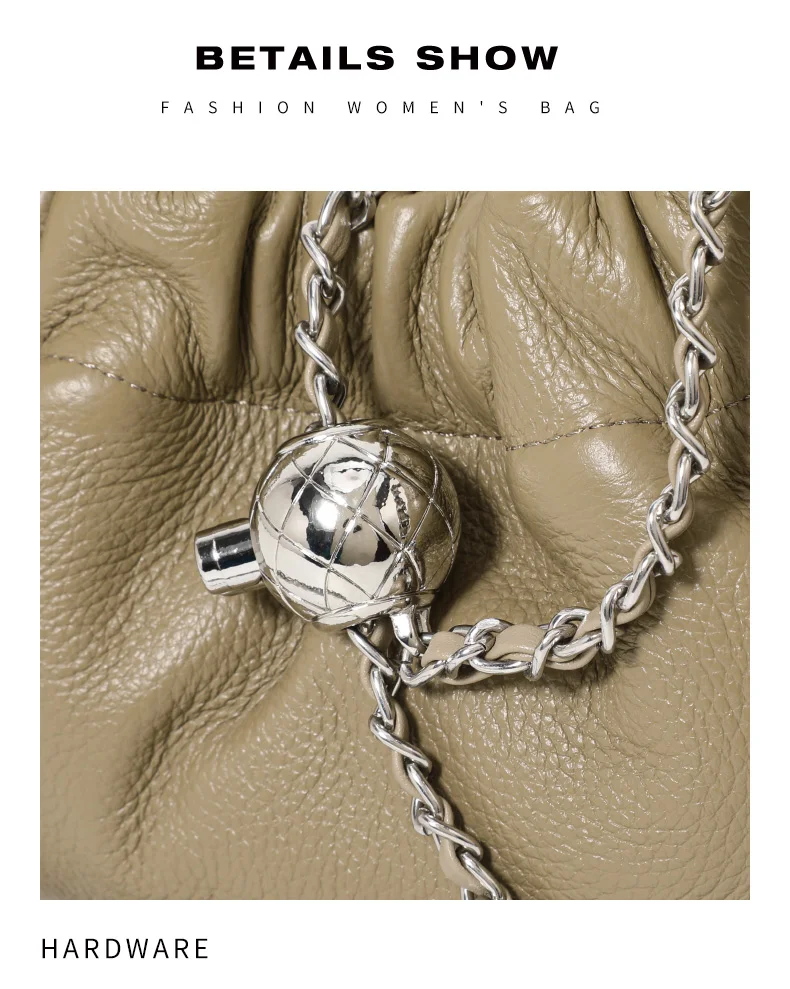 Leichte Litchi-Textur Echtes Kuhleder Cloud Bag Damen Kordelzug Tasche mit Raffdesign Metallkette Crossbody Mini-Geldbörse – Detail 12