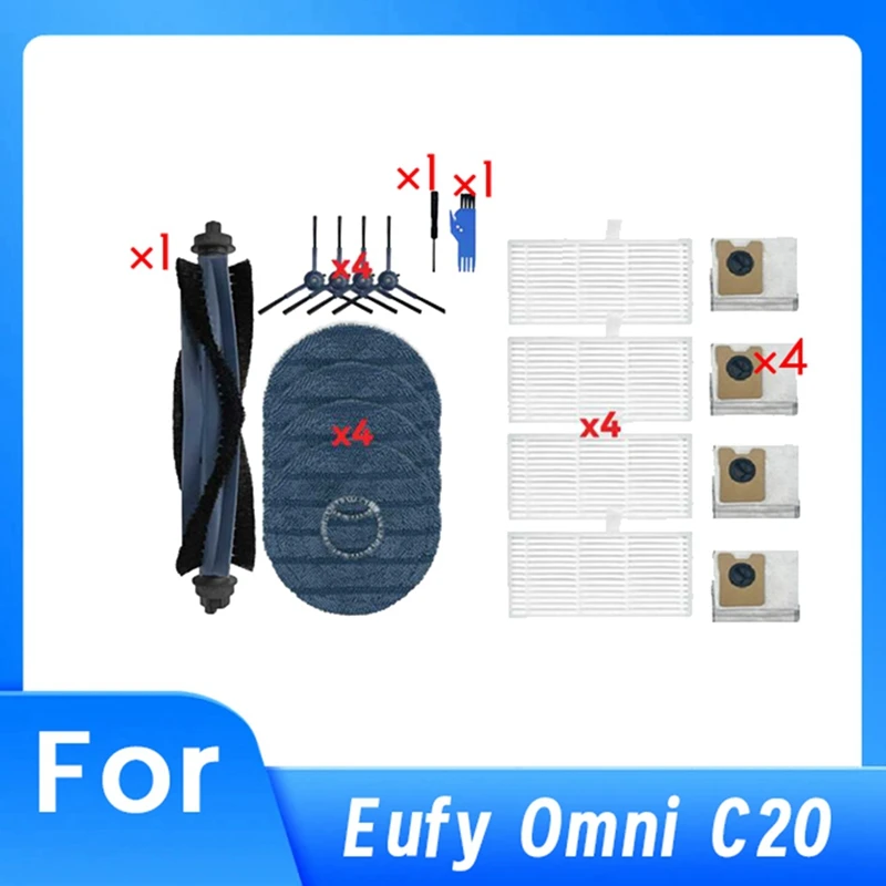 VEHO-19PCS For Eufy Omni C20 Vacuum Cleaner Replacement Parts Main Side Brush HEPA Filter Mop Pads Dust Bags Accessories Kits