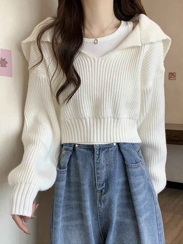 

Cropped Knitted Sweater Women Autumn Winter Casual Knit Pullover Female Korean Chic Turn Down Collar Long Sleeve Short Jumper