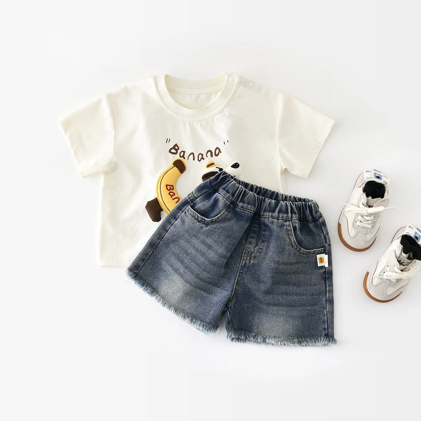 Summer Korean Style Baby Clothes Sets Boy Baby Cartoon Banana Dog Doll Short Sleeve Top with Edge Denim Shorts Two Piece Set