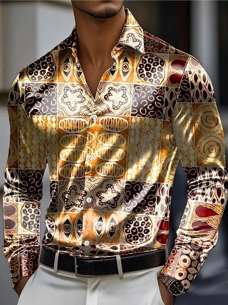 New Gold Brown Paisley Cashew Flower 3D Printed Pattern Long Sleeve Shirt Luxury Retro Men's Business Shirt