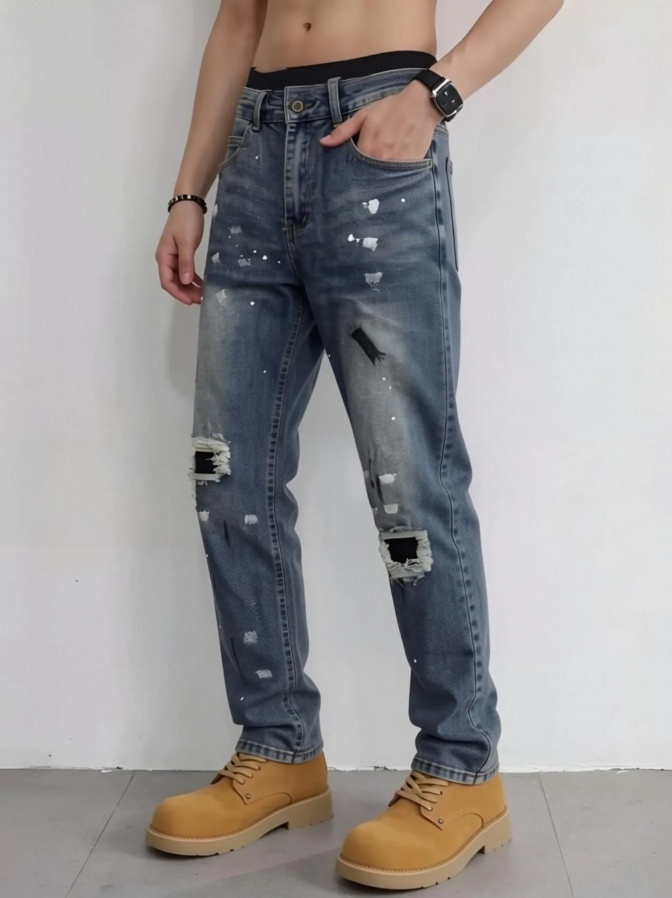 【HME】Men's Jeans | Ripped Distressed Denim Pants, Splash‑ink Painted Straight Denim Trousers, Frayed Hole Patch Work Casual Pants, Vintage Washed Denim Bottoms With Brand Leather Tag, Street Hip‑Hop Style Denim Wear For Male Daily Going‑out
