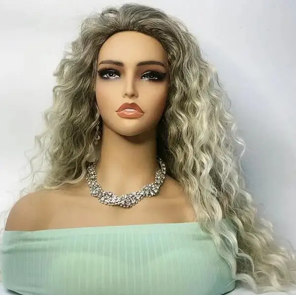 

Popular long curly silver mixed color hair set without bangs wave wig