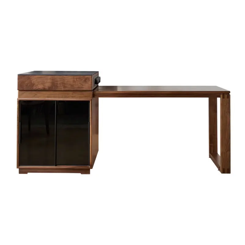 

walnut dining table island integrated telescopic rock slab middle island small apartment Nordic solid wood restaurant locker