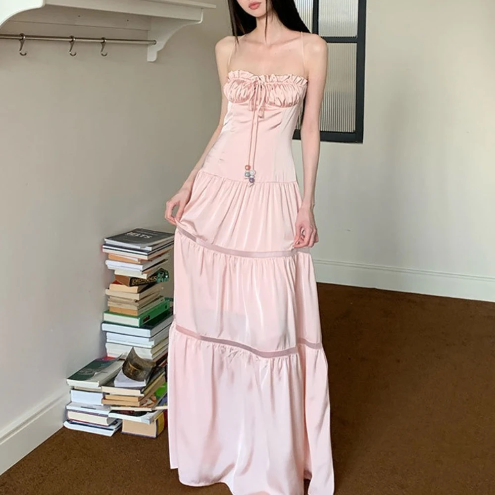 TWOTWINSTYLE Solid Slimming Spliced Shirring ชุดผู้หญิงที่ไม่มีสายหนัง SHEER Patchwork Lace Up Dress หญิงใหม่