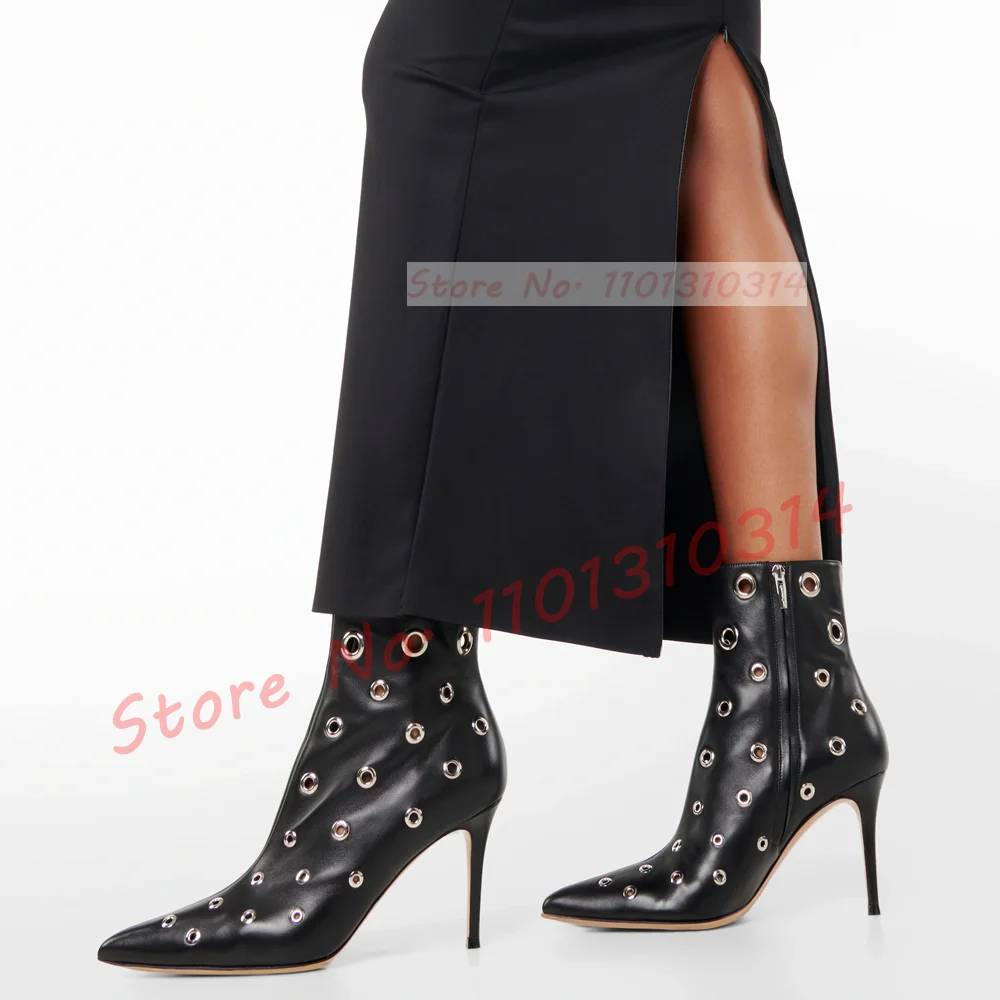 Pointy Metal Eyelet Long Boots Ladies Sexy Matte Leather High Heels Boots Streetwear Women Punk Side-zip Casual Outfit Shoes