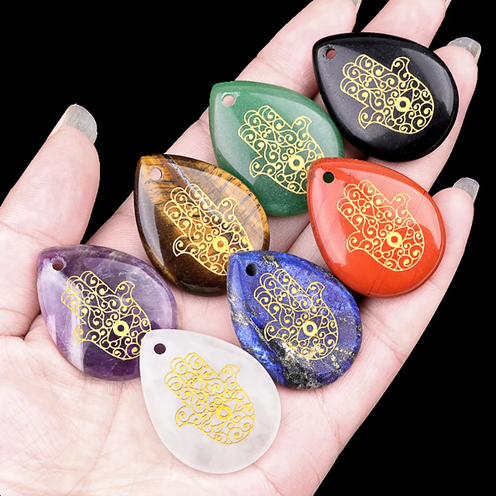Natural Stone Waterdrop Shape Hand of Fatima Symbol Carved Healing Crystals Gemstone DIY Hanging Ornament with Hole