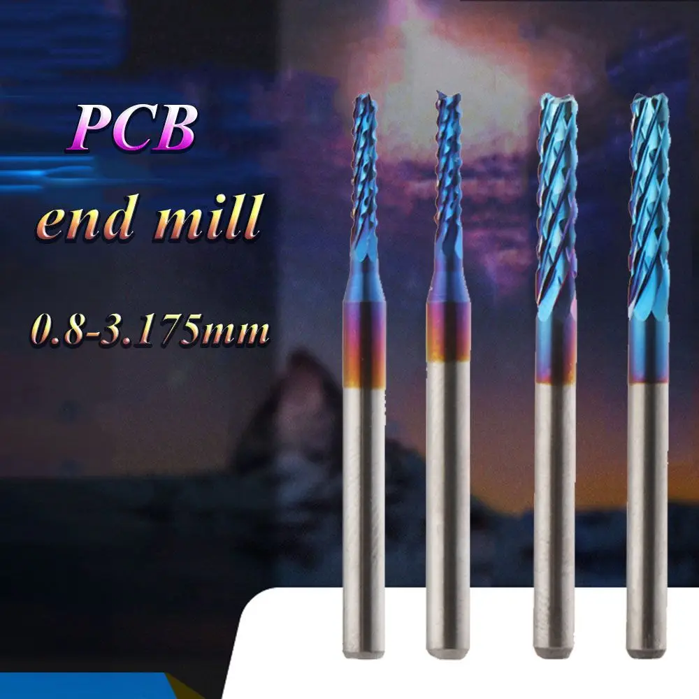 0.8-3.175mm CNC Router Bits Blue Titanium Coated PCB Machine Edge Cutter Milling Cutter Carbide End Mill