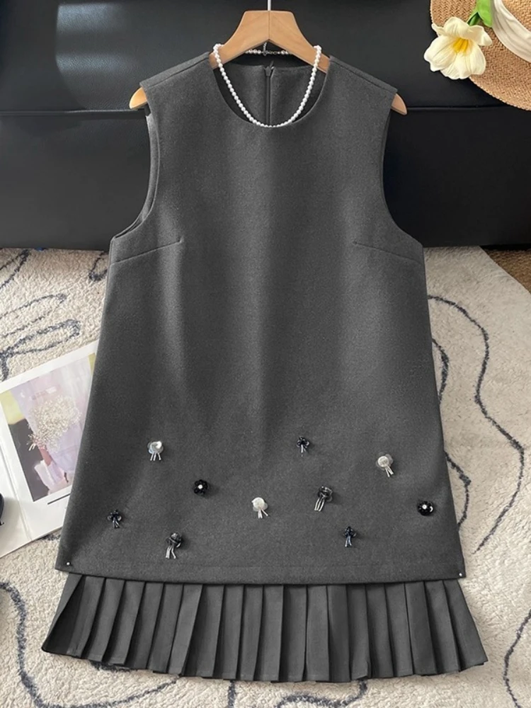 2025 Autumn New Elegant Vest Dress Women Small Fragrant Style Design Sense Beaded Trim Splicing Commute A-Line Skirt