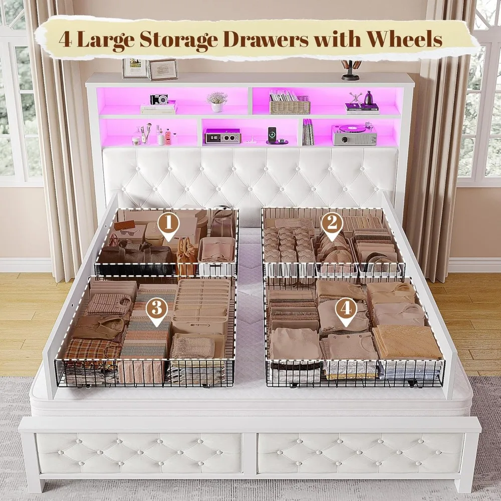 إطار سرير خشبي بحجم كوين مع مساحة تخزين، ومحطة شحن، وأضواء LED، ولوح رأسي منجد