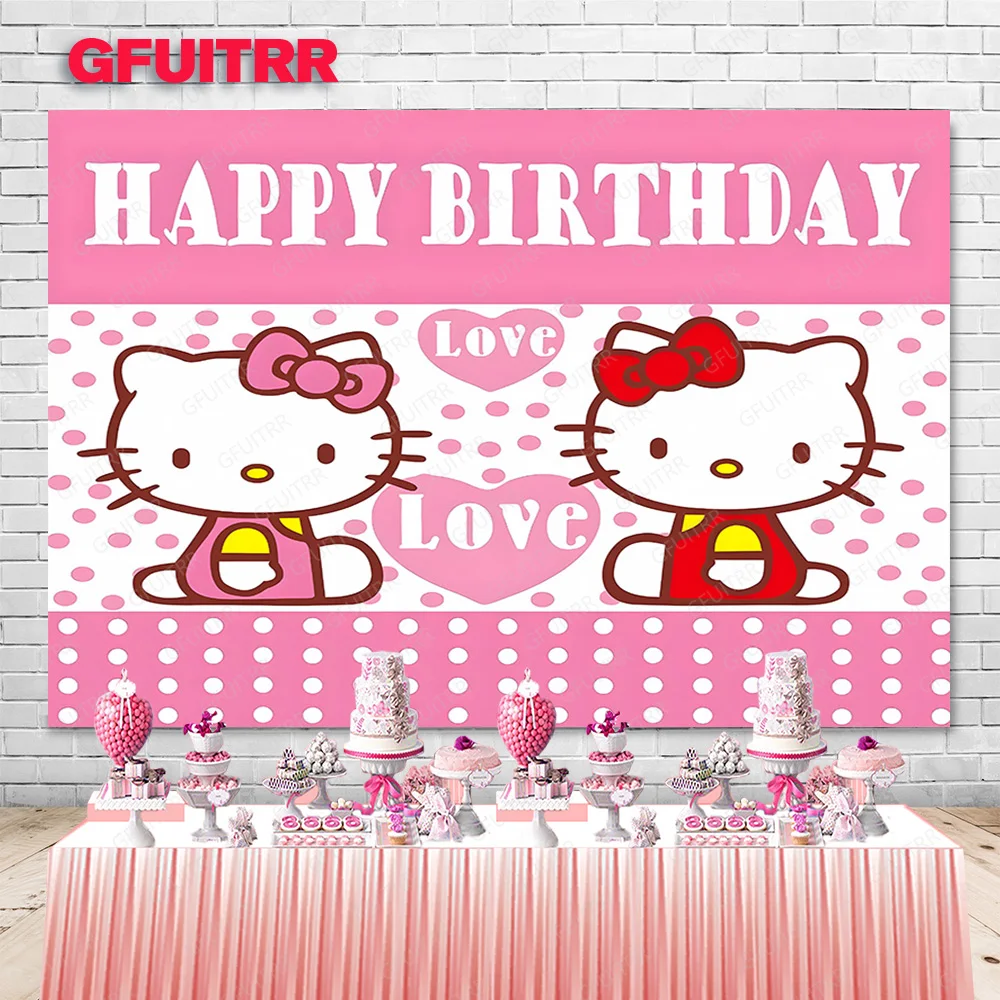خلفية التصوير الفوتوغرافي Hello Kitty الوردية ، ديكور عربة الكرتون ، مستلزمات كشك الاستوديو ، حفلة عيد الميلاد ، استحمام الطفل ، فتاة