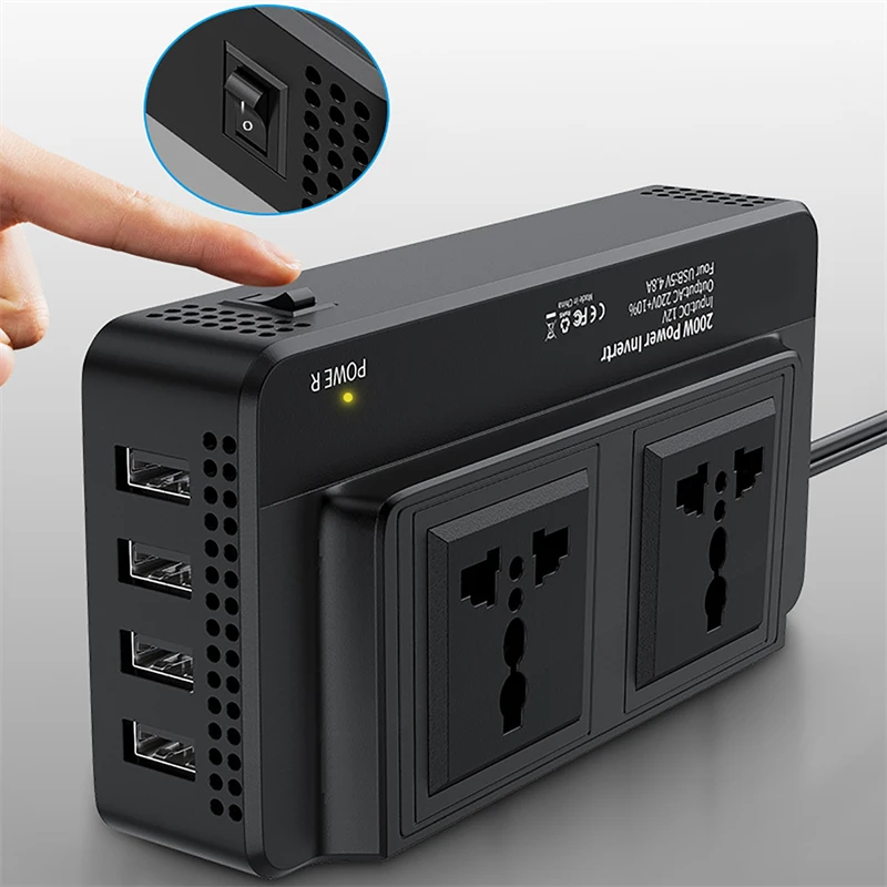 200w inversor de carro dc 12v/24v para ac 220v conversor de energia inversor 4 usb 5v 4.8a tomada de carregamento rápido tomada adaptador de energia