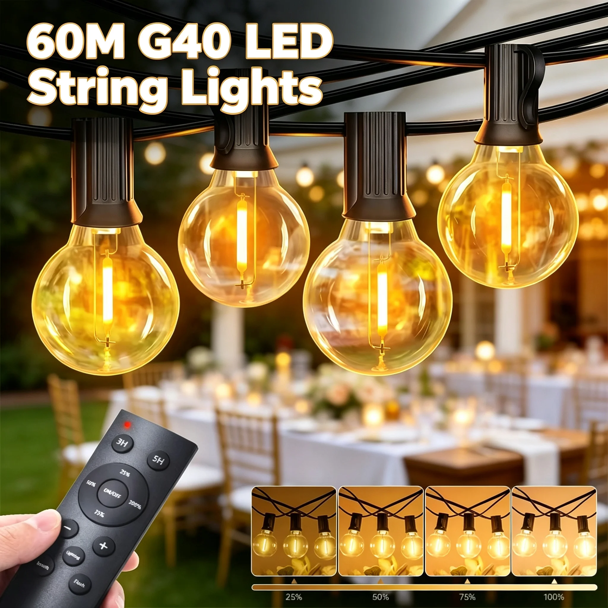 Luci a stringa LED da esterno 60M con lampadine in plastica G40, illuminazione decorativa per creare atmosfera in cortile, giardino, campeggio, matrimoni, feste, vacanze, festival e decorazioni per la