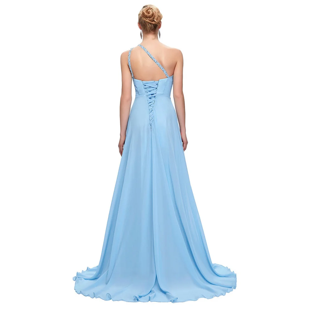 A Line Chiffon Beading Pleat Elegant One Shoulder Bridesmaid Dresses Wedding Party Evening Formal Prom Sweep Train Lace Up Back