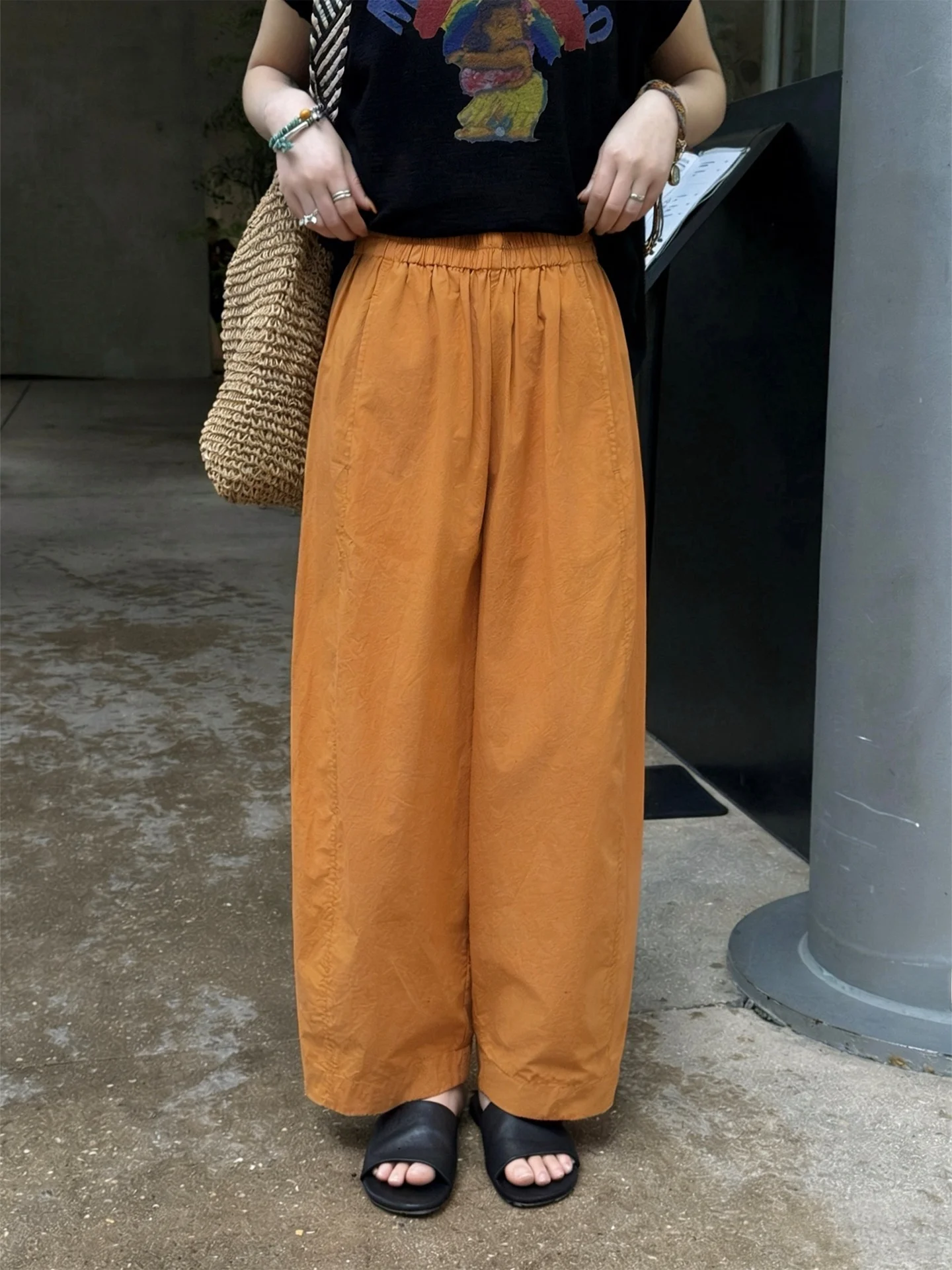 

Bebe's California Sun Orange Cotton Elastic Waist Straight Leg Pants Women's New 2026 Spring Summer Long Casual Trousers