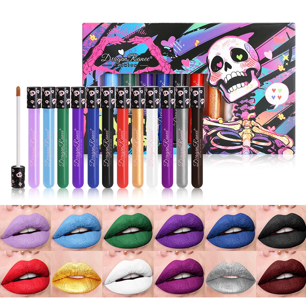 12Pcs/Box Matte Liquid Lipstick Makeup Colorful Black White Lip Gloss Waterproof Metallic Lip Glaze Halloween Party Cosmetics