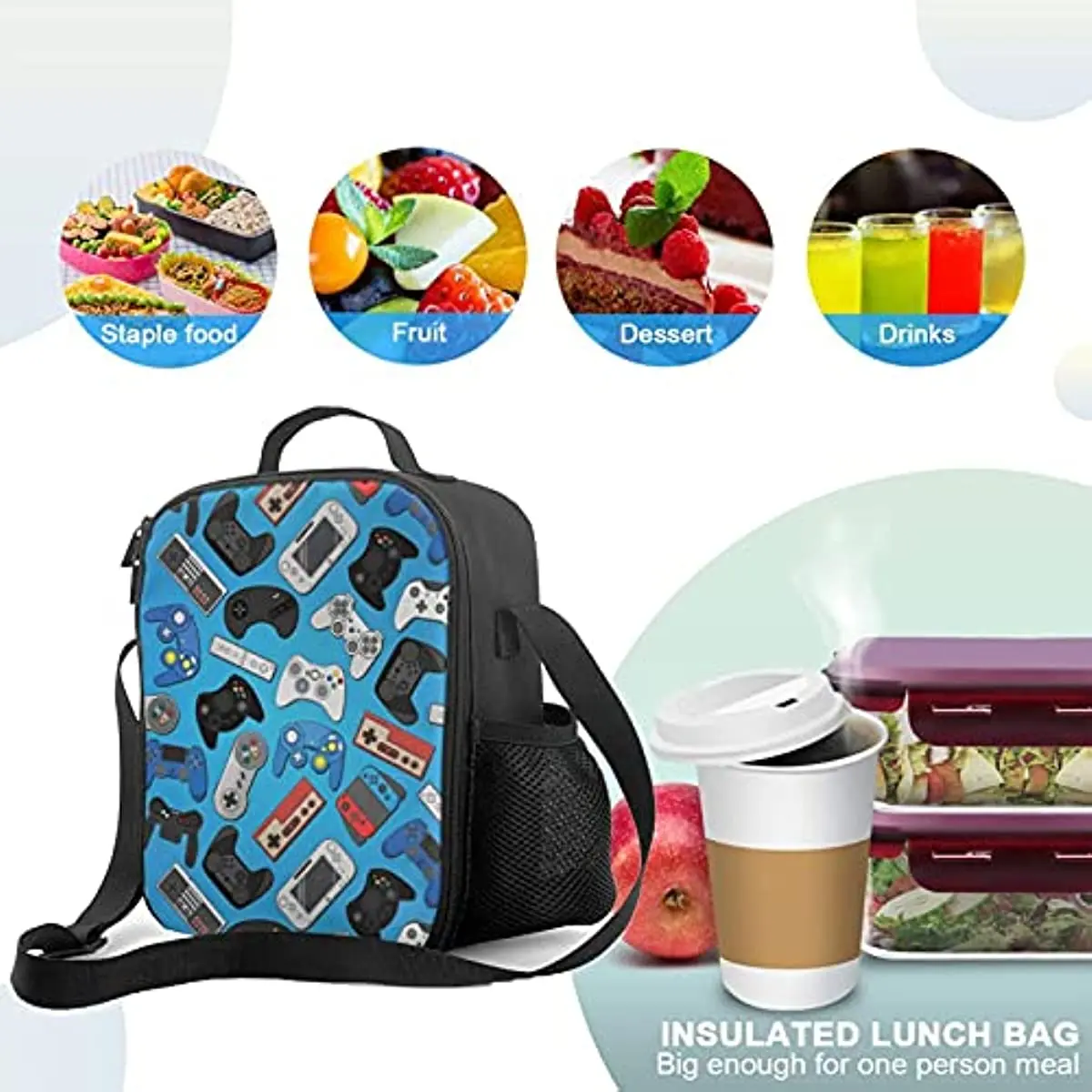 Video Game Controller Background Insulated Lunch Bag Reusable Tote Bag Lunch Box Food Container For Men Women Kids