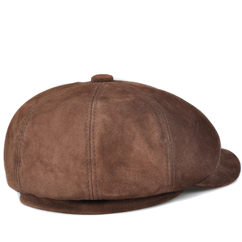 Suede Octagonal Hat Men England Male Spring Winter Real Leather Beret Caps Newsboy 1 Buttons Casual Streetwear Peaked Bonnet