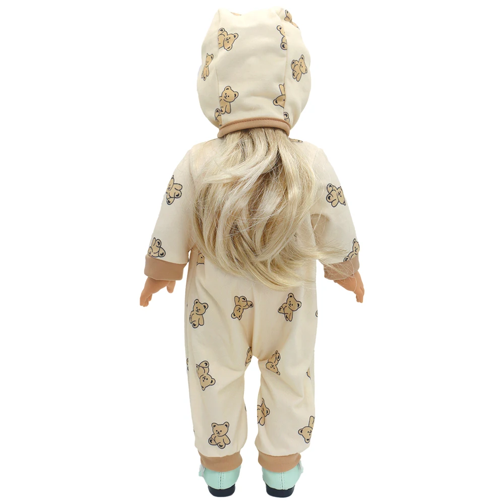 Macacão de urso menina com chapéu, roupas de boneca, conjunto de roupas, presente de férias, terno recém-nascido, 43cm, 18 Polegada, 17-18 Polegada