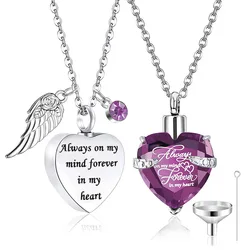 2Pcs Cremation Jewelry for Ashes Heart Crystal Urn Necklace Pendants Ashes for Human Keepsake Memorial Angel Wing