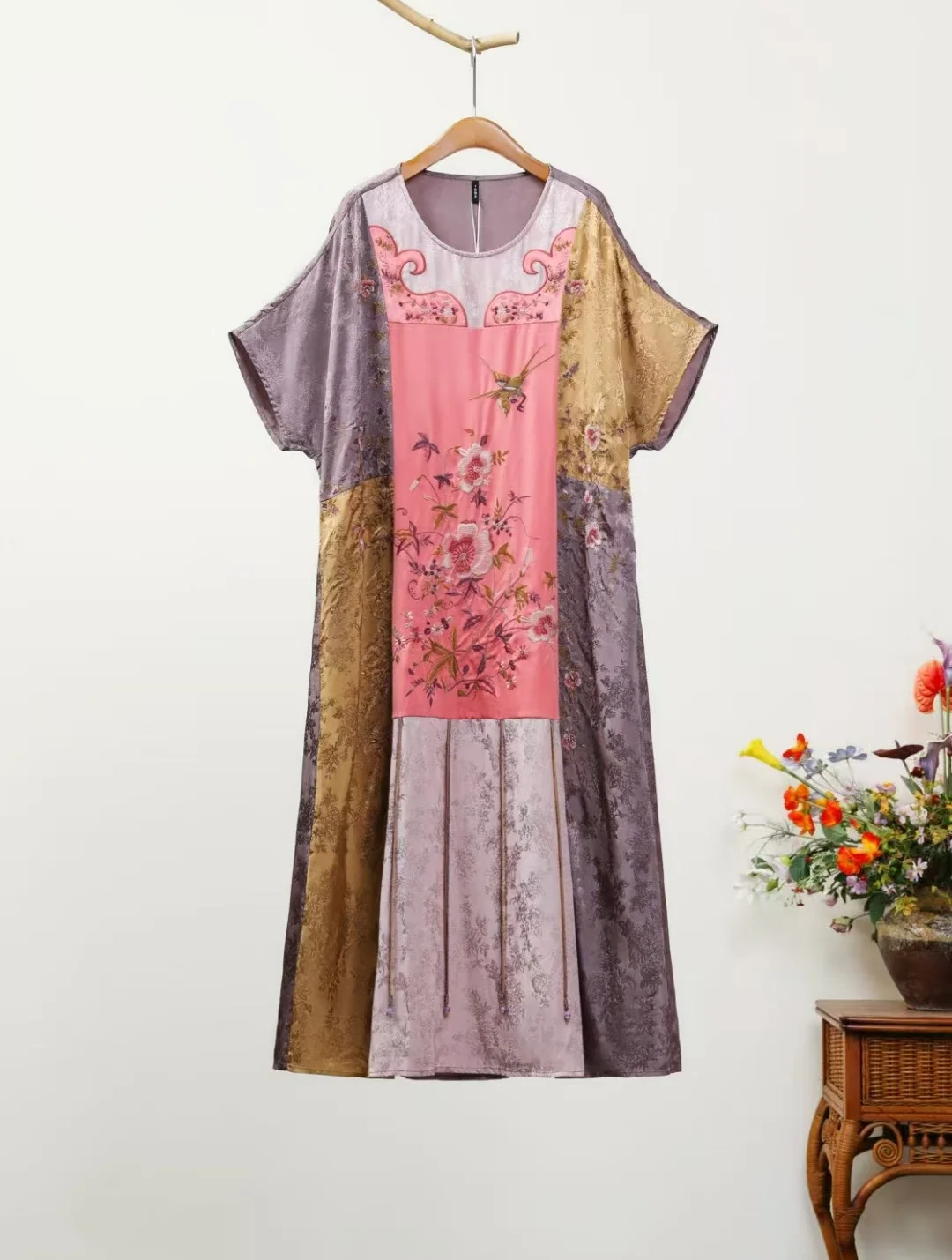 فستان رداء أصلي فاخر أرجواني رايون + رامي مرقع برقبة دائرية فستان صيفي نسائي مطرز على الطراز الصيني ملابس نسائية