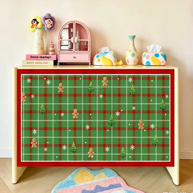 VIKAMA Christmas Under Sink Curtain Green Red Plaid Gingerbread Tree Print Cabinet Cover For Kitchen Cupboard Shelf Decor