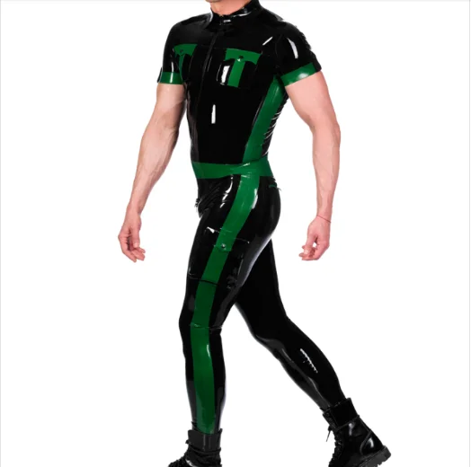 100%Latex Rubber  Gummmi Black short sleeved Jumpsuit  racing uniform party role special occasion hand customized Cosplay Pary