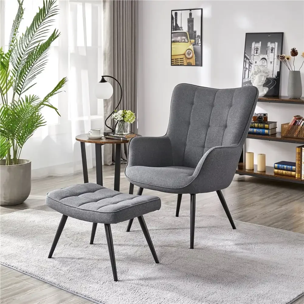 

Lounge Chair, Mid-Century Modern Fabric Wingback Accent Chair with Ottoman, Gray Living Room Guest Chairs