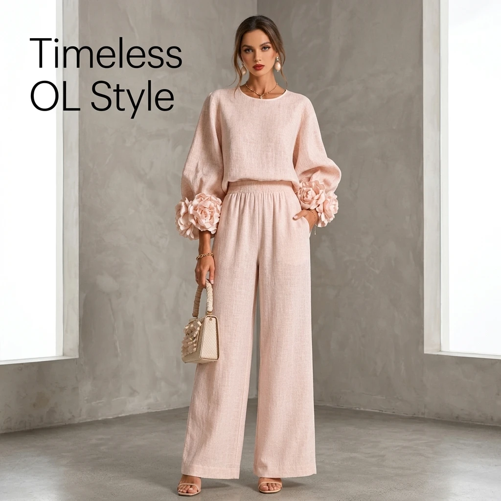 2 Piece Pants Set for Women Long Sleeve Top with 3D Flower Cuffs and Wide Leg Trousers Elegant Commuter Outfit