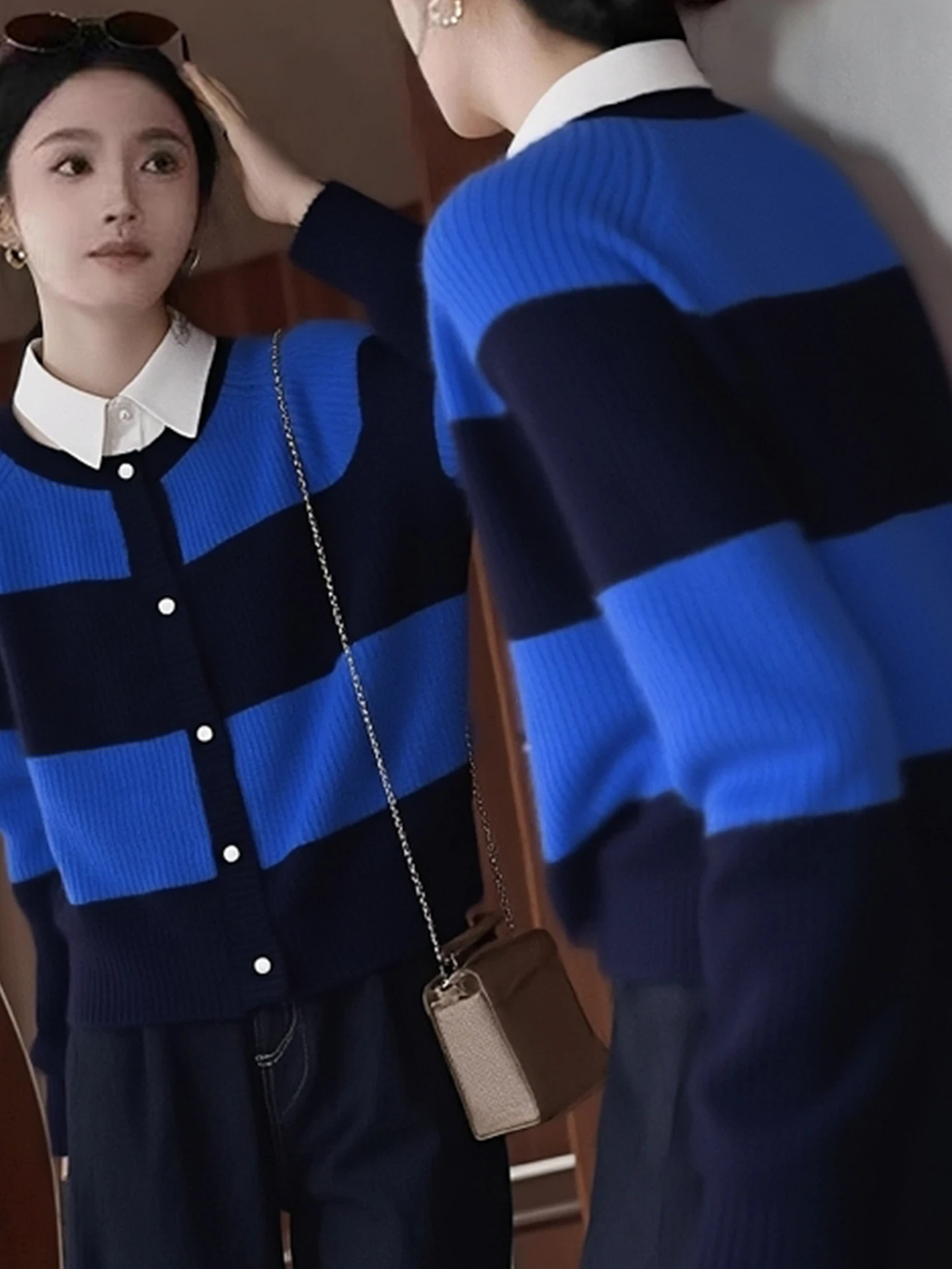 Winter Faion Long Sve Knitted Cardigan Color Blo Striped Design Camere Top Single Button Versatile Commute Sle