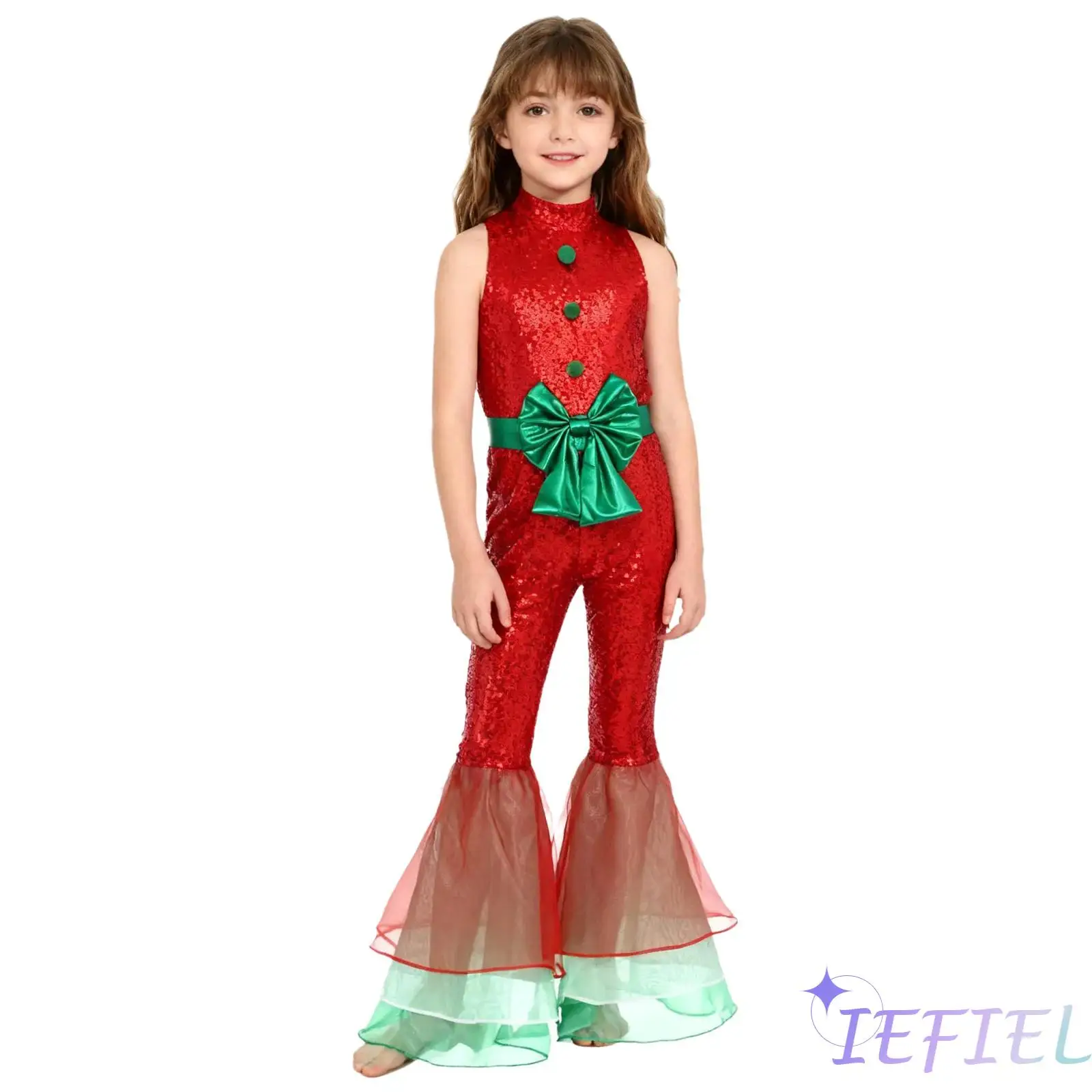 

Girls Mock Neck Sleeveless Sparkly Sequin Christmas Costume Pompom Bowknot Xmas Rompers Princess Jumpsuit for Holiday Festival