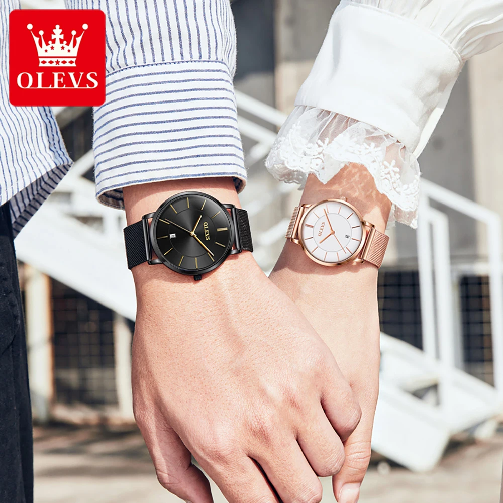 OLEVS 5869 Fashion Ultra thin Couple Quartz Watch Date Display Waterproof Mesh Strap Luxury Brand Lover Dating His or Her Watch