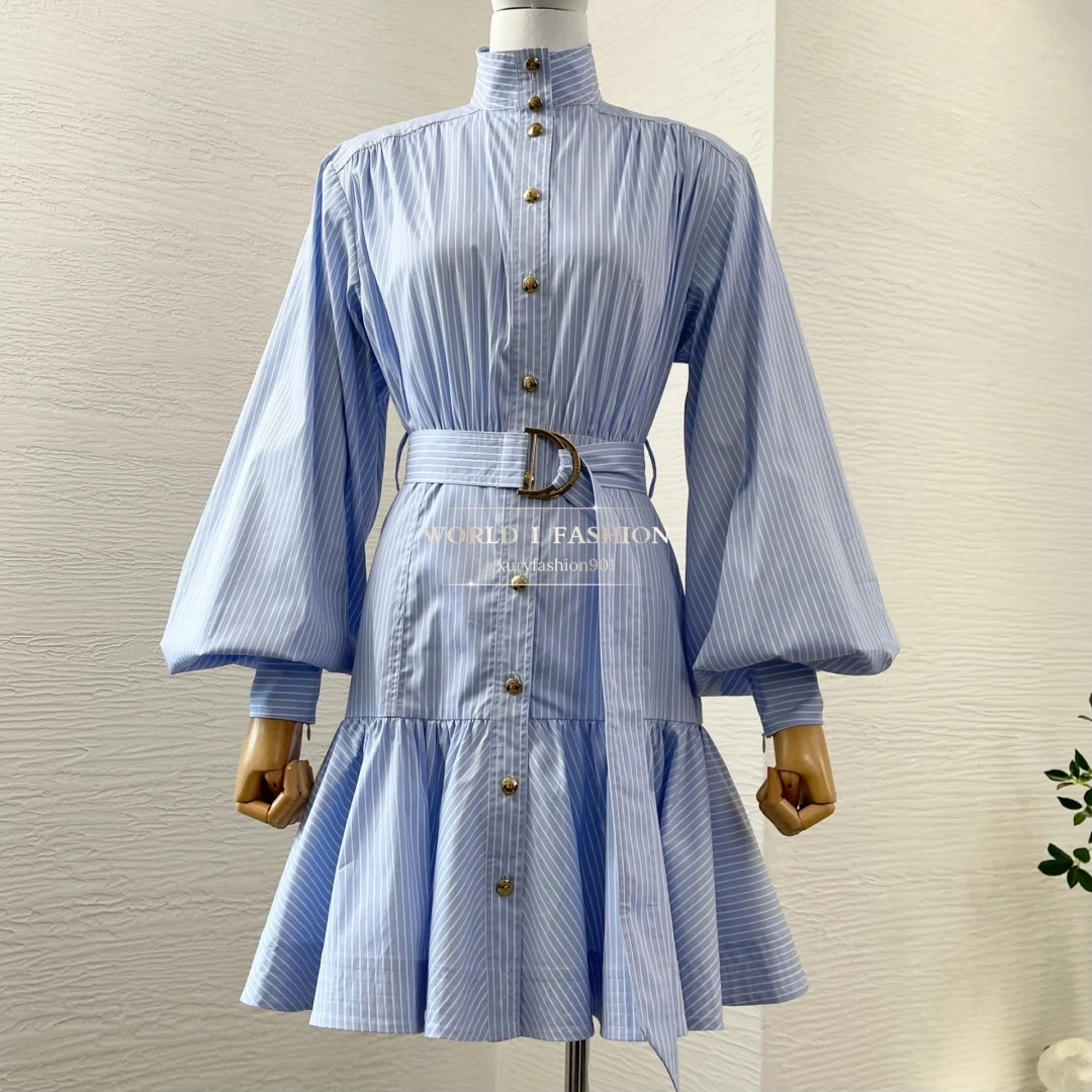 

Midi Dress 2025 Cotton High Quality Women White Blue Long Short Sleeve Cotton