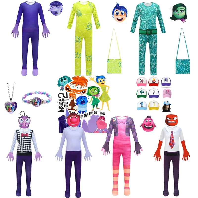 Kids Inside Out 2 Cosplay Costume - Joy Sadness Anger Disgust Fear Full Set with Jumpsuit and Mask for Halloween Party Set