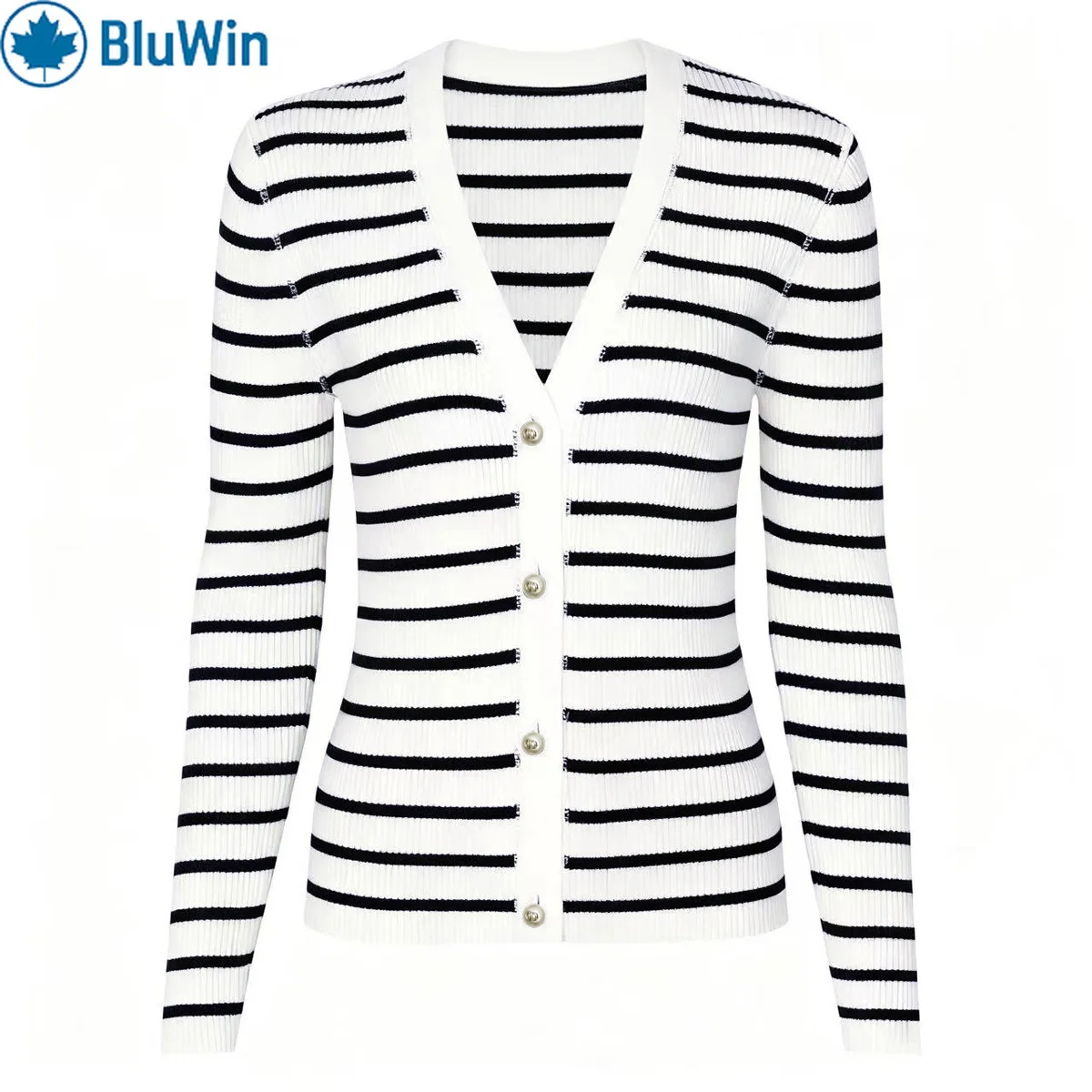 

BluWin Striped Knit Cardigan Women - V Neck Pearl Buttons, Slim Fit Long Sleeve Stretch Rib Black White Preppy