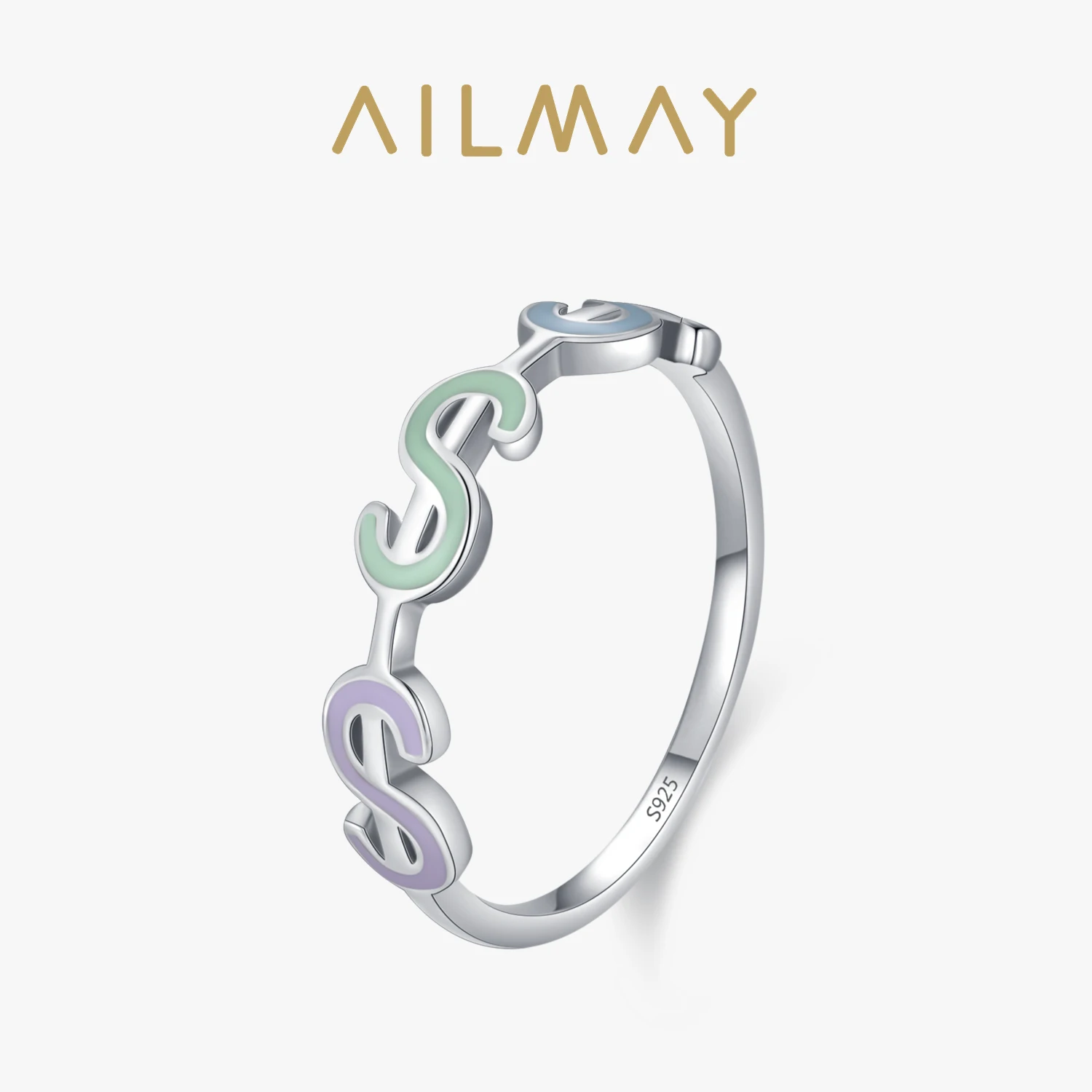 Ailmay New Luxury 925 Sterling Silver Colored Enamel Dollar Sign Rings For Women Shiny  Money USD $ Happy New Year Party Jewelry