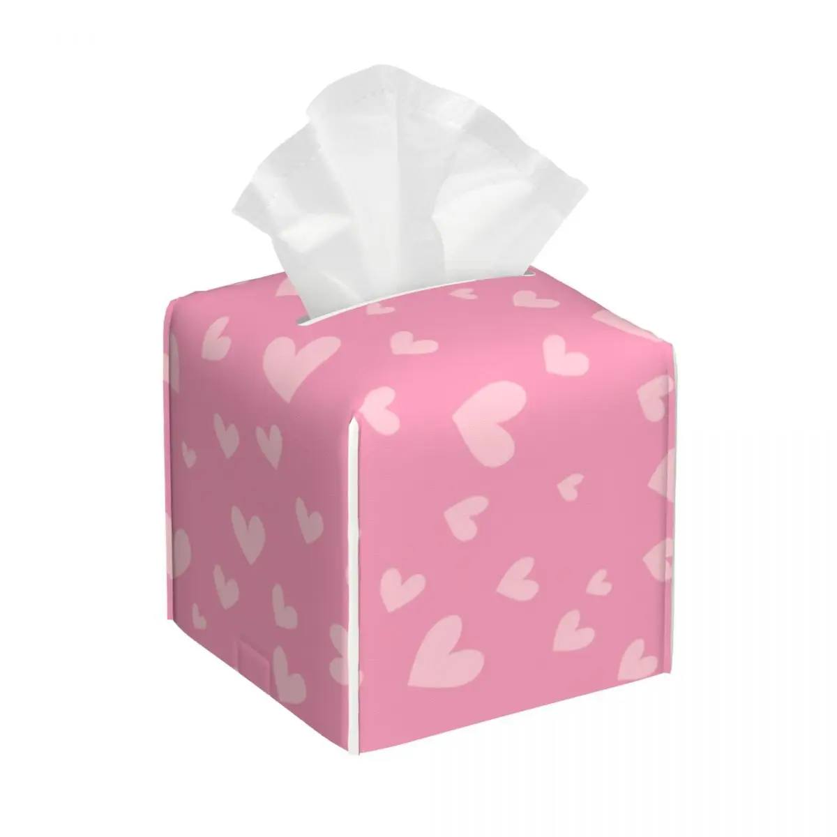 Custom Pink Hearts Pattern Tissue Box Cover Square PU Leather Facial Tissues Holder for Home