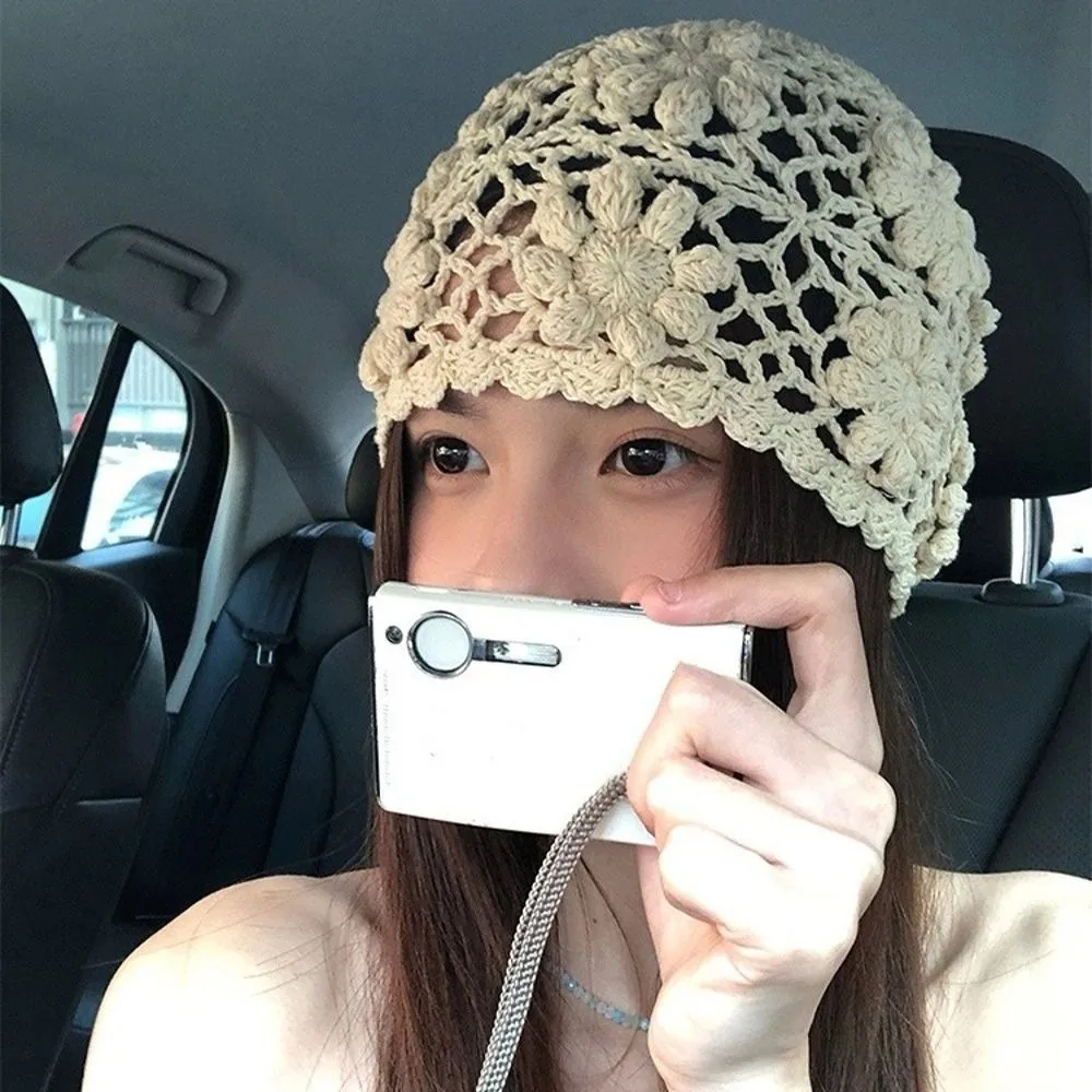 Casual artesanal crochê flor chapéu tecer y2k malha bacia bonés doce feminino gorros boné senhoras