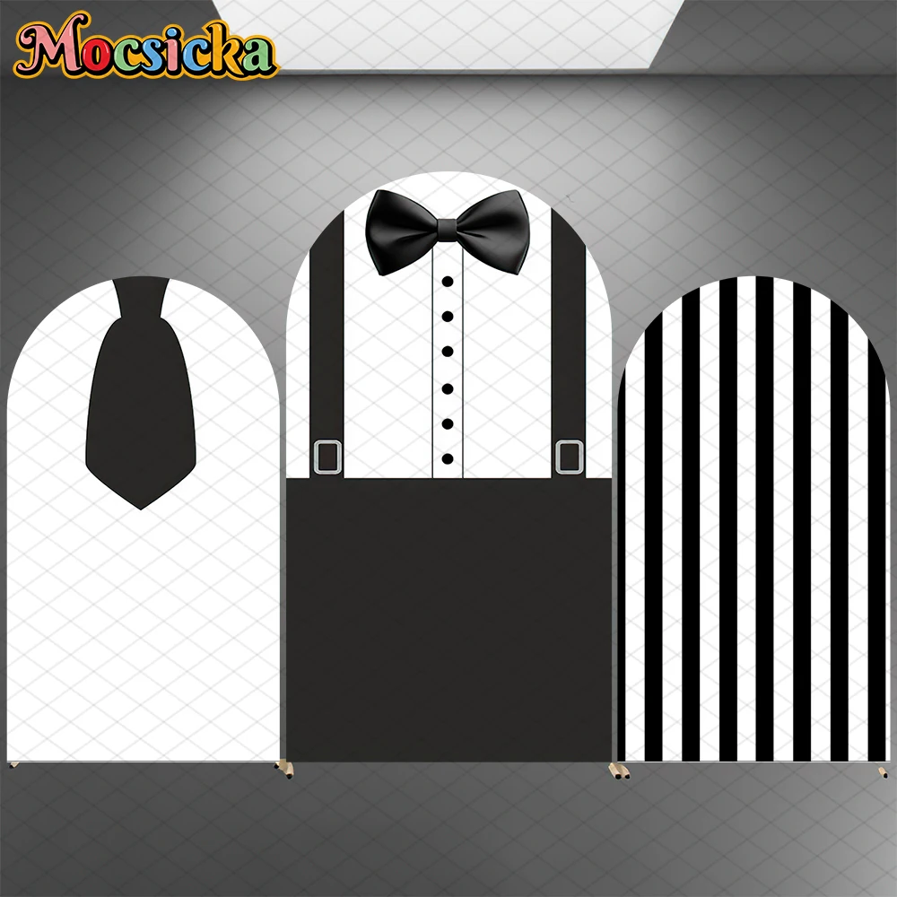 

Mocsicka Baby Shower Arch Backdrop Covers Black Striped Grid Tie Overalls Decors Kids Boy Birthday Party Photo Arched Background