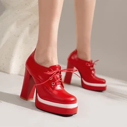 Ultra-High Thick-Heeled Lace-Up Breathable Color-Blocking Pumps Candy-Colored Cross-Laced Double-Layer Platform High Heels