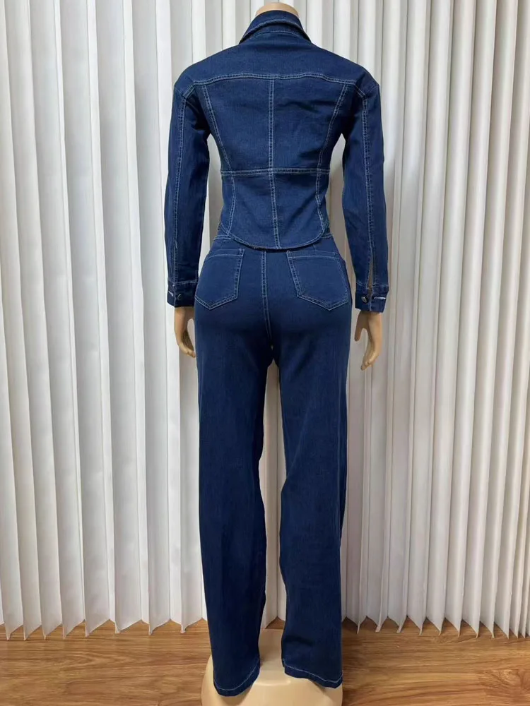 BKQU Fashion Denim 2 Pieces Set for Woman Outfit Stripe Line Patchwork Long Sleeve Crop Jacket and Pants Outfits High Streetwear
