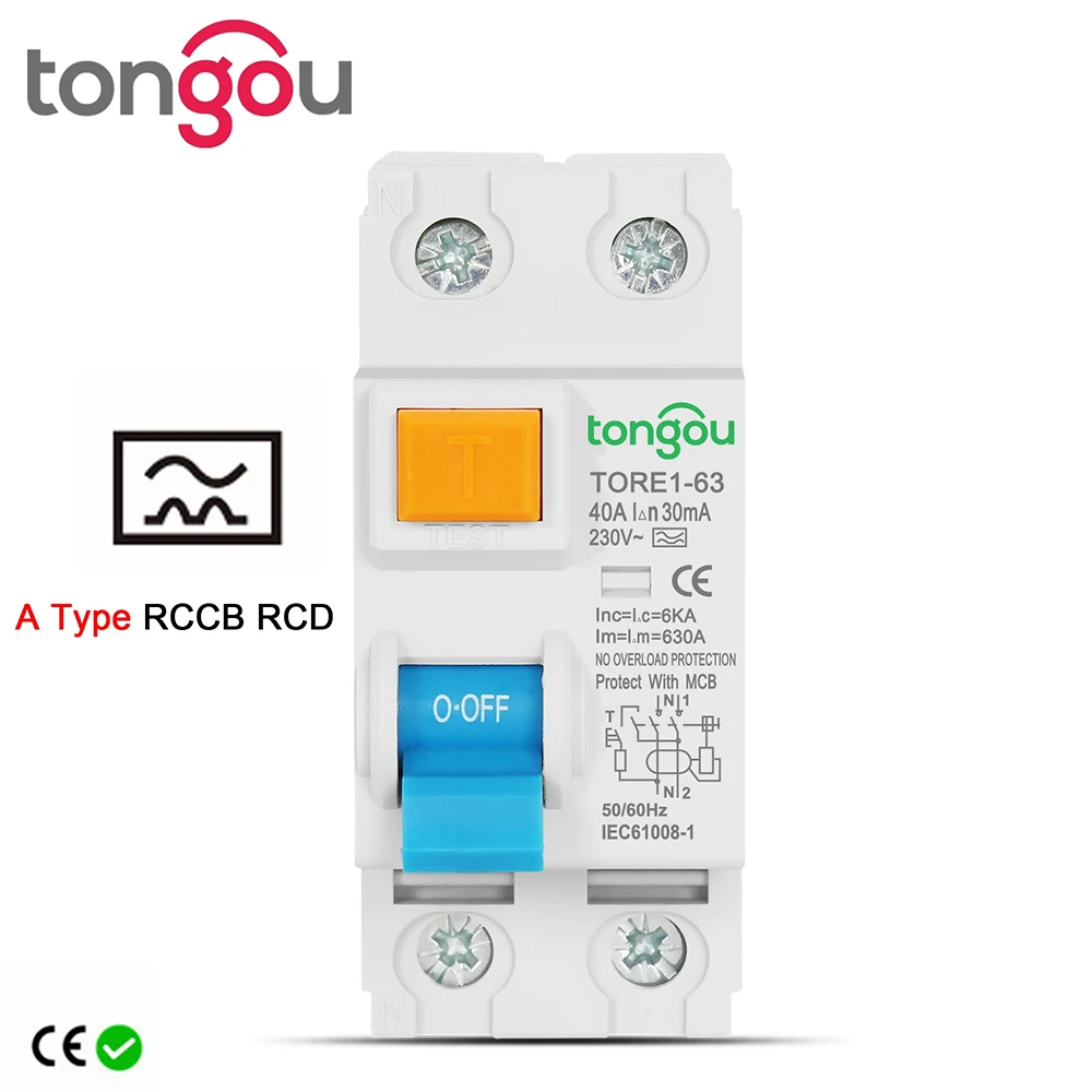 TONGOU Type A RCCB RCD 230V  2P 16A 63A 30mA 6KA Electromechanic Residual Current Circuit Breaker Differential Breaker